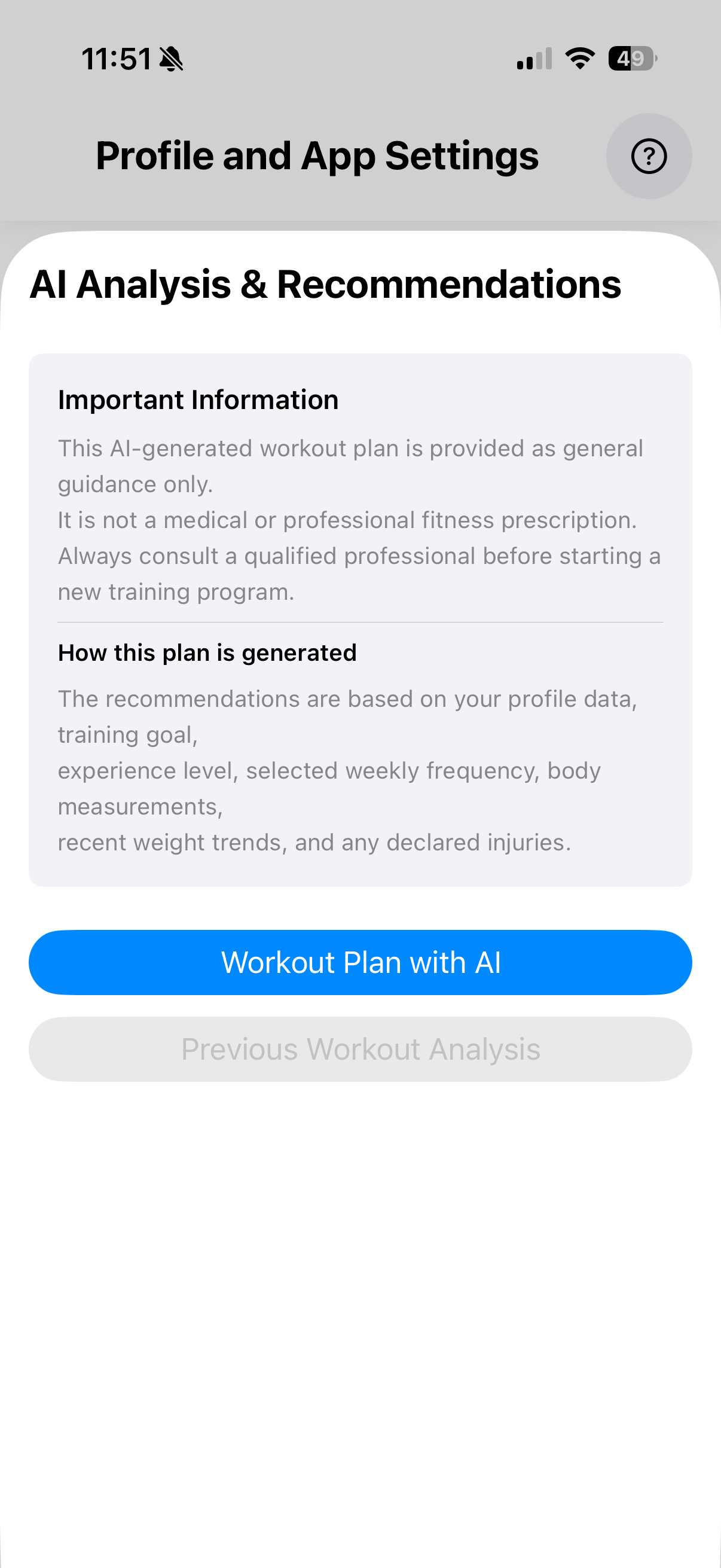 AI GYM PAL AI analysis and recommendation screen